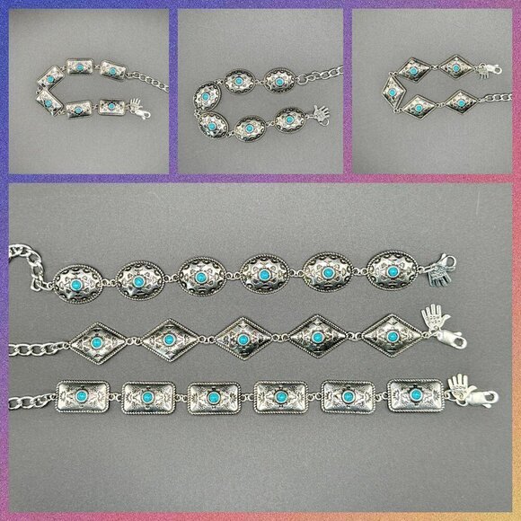 Faux Turquoise and Silver Tone Concho Chain Bracelet #1442 - Picture 3 of 4